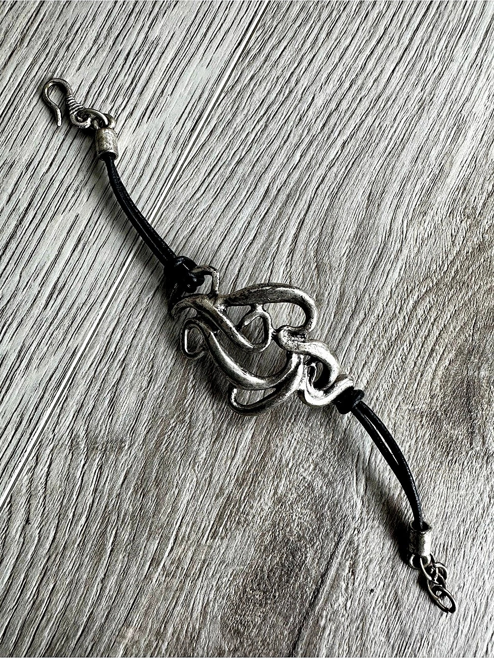Artisan Pewter Abstract Charm Black Cord Bracelet - 7” Boho Coastal